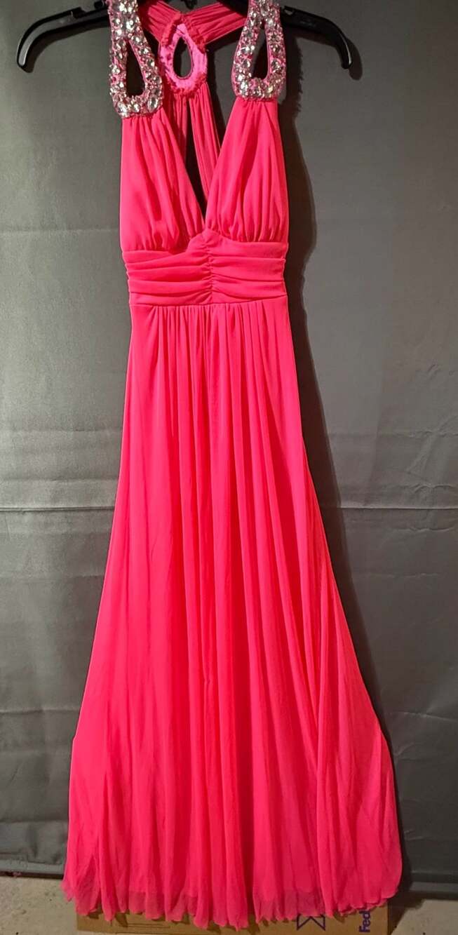 Pink Halter Rhinestone Chiffon Evening Maxi Dress